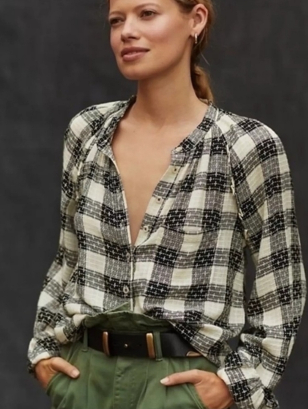 Anthropologie Pilcro Breezy Wool Blend Plaid Button Down Blouse Women's Size S